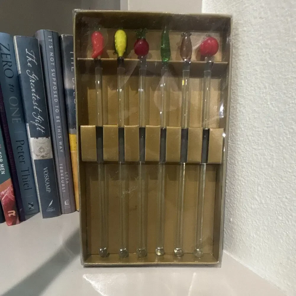 Clear Glass Swizzle/Stir Sticks Set of 6 with Fruit Toppers, 1970s
